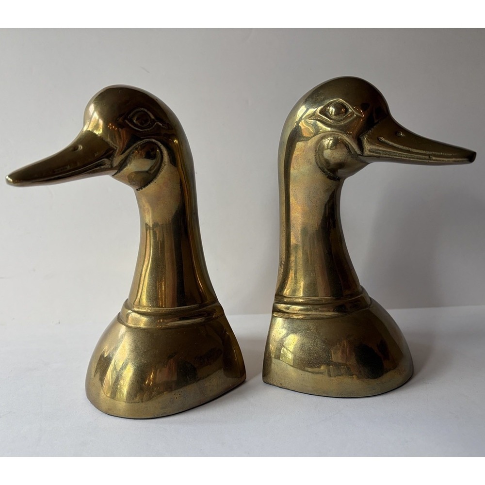 Vintage 70s Polished Brass Duck Head Bookends Weighted Bases